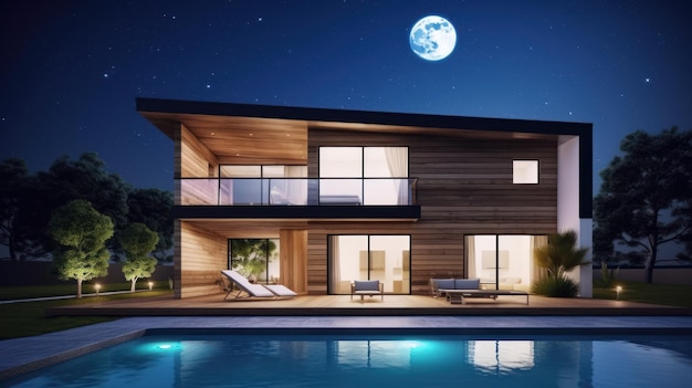 Modern stylish home with large windows and a swimming pool in the foreground at night in the moonlig