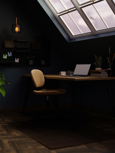 Photo modern stylish home working place in attic room with laptop on table and skylight window