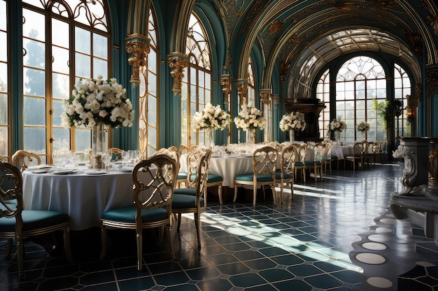 Modern and stylish interior design of a wedding ballroom with a touch of luxury and prestige