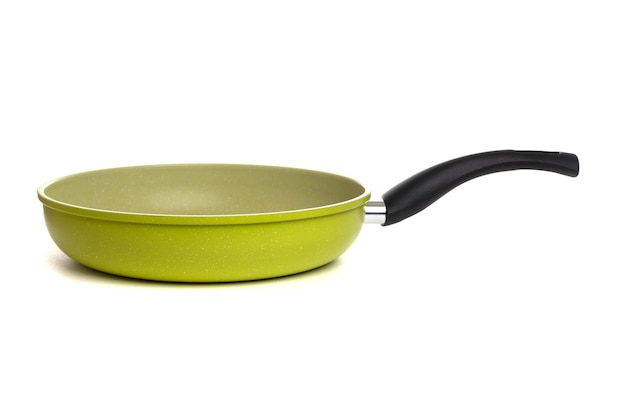 Modern stylish light green nonstick frying pan with black handle on a white background