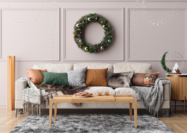 Modern and stylish living room interior with Christmas decorations and sofa Xmas time at home New Year holiday Beautiful and cozy interior design 3D rendering