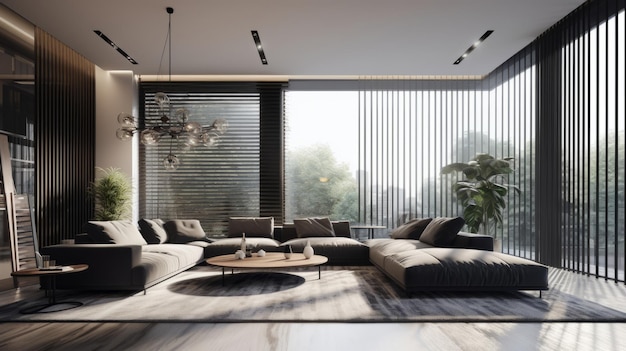 modern stylish living room interior with large windows with blinds