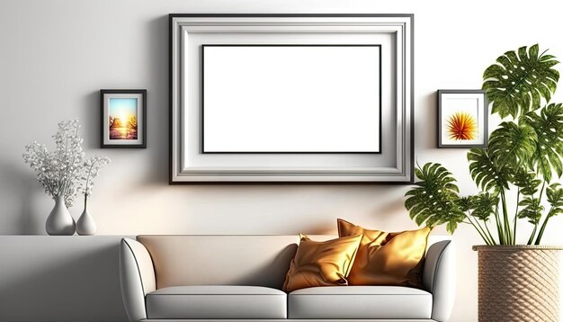 Modern stylish living room with grey sofa and mock up frame on the white wall Generative AI