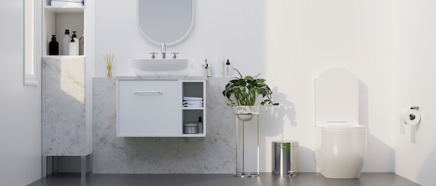 Modern stylish marble bathroom with toilet bowl vessel sink on white cabinet round mirror