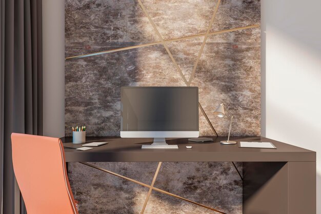Современный стильный мраморный дизайнерский интерьер офиса с занавеской монитора компьютера на рабочем месте 3D рендеринг
