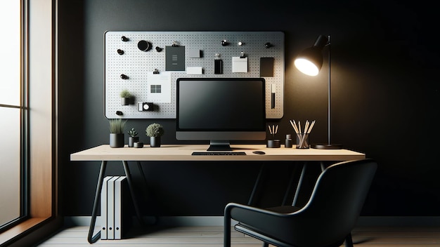 현대적이고 세련된 사무실 책상 설정 컴퓨터 모형은 검은 벽에 대한 우아한 테이블에