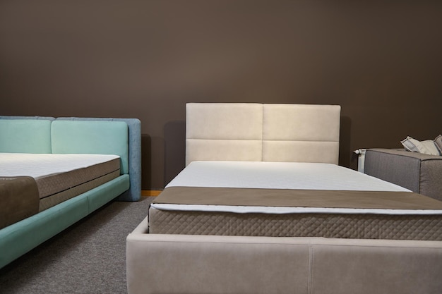 Modern stylish pink and blue pastel velour double beds with orthopedic hard mattresses displayed in the showroom of a furniture store