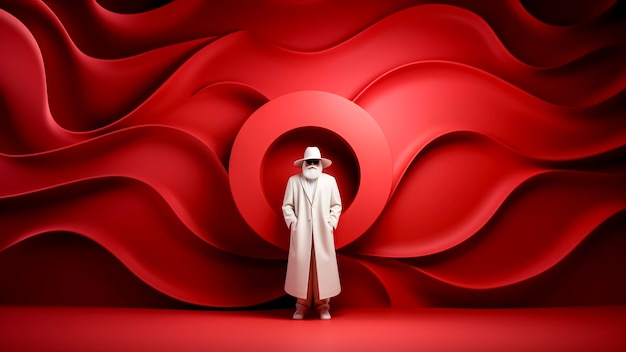 An modern and stylish Santa Claus in white long overcoat and sunglasses standing on red background