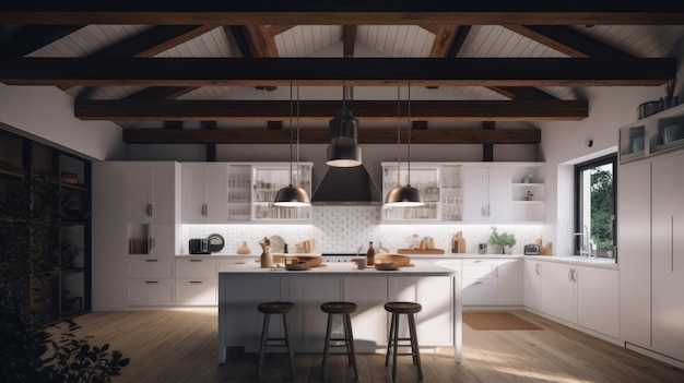 Modern stylish white kitchen in a spacious wooden house with large windows kitchen island with count