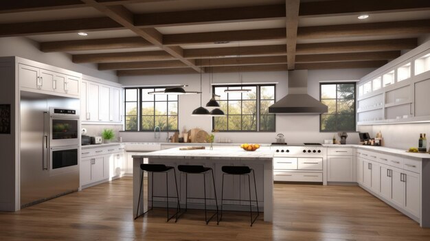 Modern stylish white kitchen in a spacious wooden house with large windows kitchen island with count