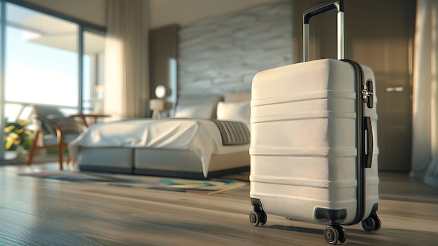 Современный чемодан в роскошной гостиничной комнате Символизирует готовность к путешествиям и досугу Яркий современный стиль с минималистским дизайном Гостеприимство и концепция путешествий ИИ
