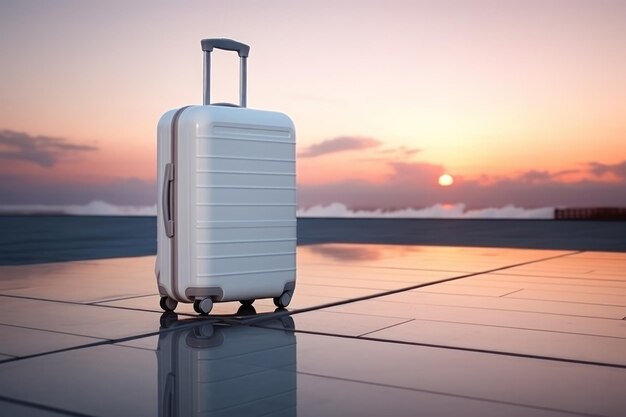 Современный чемодан на колесах на фоне аэропорта
