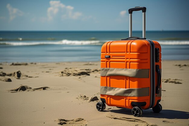 Modern suitcase with wheels on beach tropical destination for travel and tourism concept