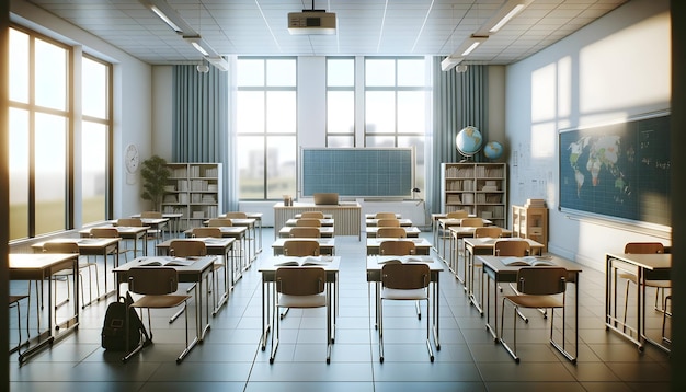 A modern sunlit classroom with rows of desks and chairs facing the front whiteboard globe booksh