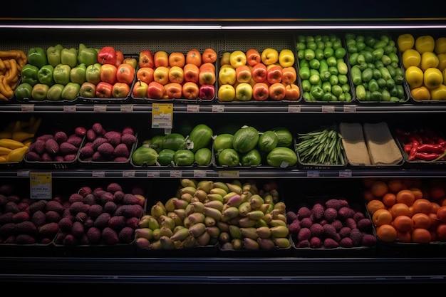 Modern supermarket with lots of vegetables and fruits on display