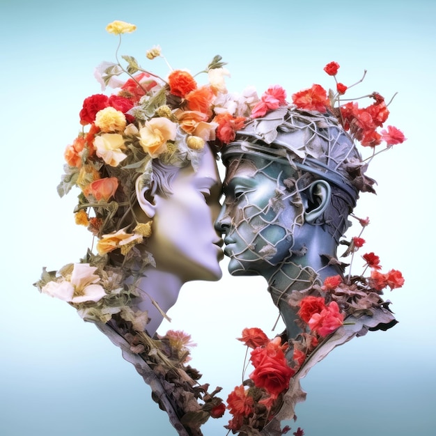 Modern surreal collage Two statues kiss Lgbt concept