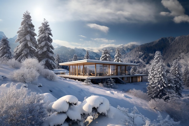 Современный экологичный дом с большими панорамными окнами и зимними горами и лесным фоном