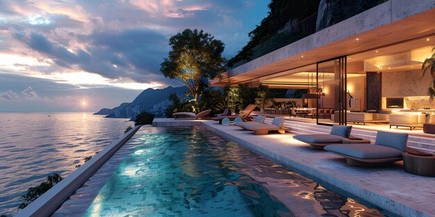 Modern swimming pool at sunset