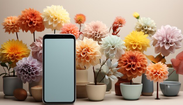 Photo modern table decoration with vase of flowers and wireless technology generated by artificial intelligence