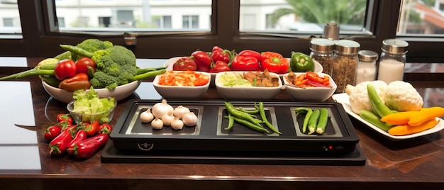 современный стол и электрическая плита с посудой и овощами на кухне рядом с окном