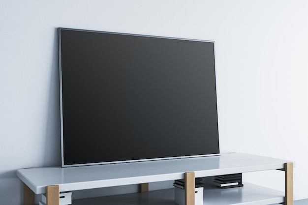 modern table or tv shelf with items and blank black mock up poster leaning on concrete wall place for your advertisement 3d rendering
