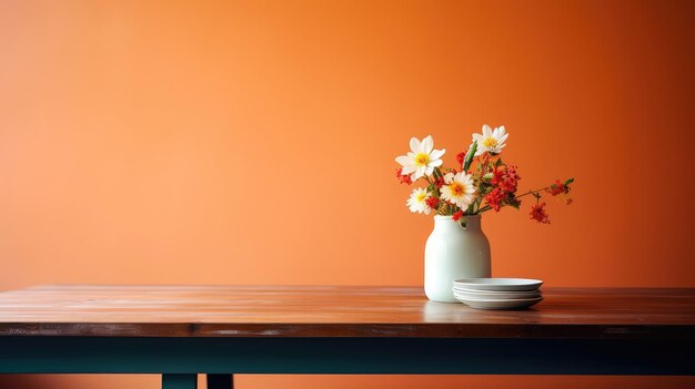 Photo modern table with vase and flowers against a light wall generative ai