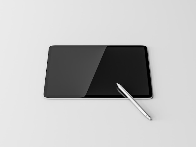 Современный макет планшета с цифровым пером на белом столе 3d-рендеринг