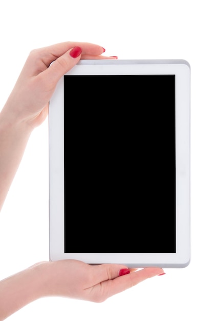 Modern tablet pc with empty copyspace screen in female hands isolated on white background