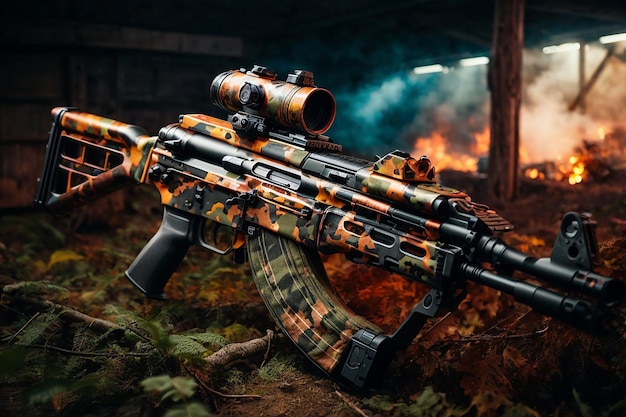 현대적이고 전술적인 AK 47 총은 첨단 부착 장치와 함께 하이테크 군사 설정에서 표시됩니다.