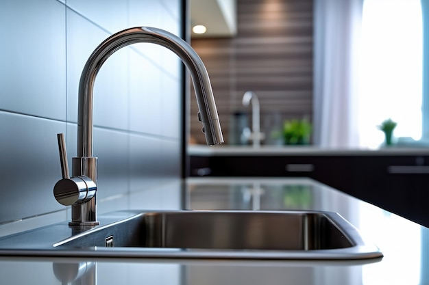 Modern tap faucet and sink on new kitchen generative a