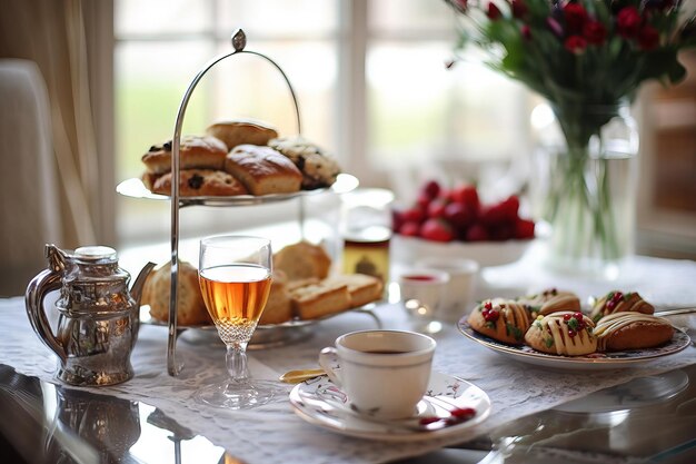 Modern tea table set with bicuits flowers cake close the window