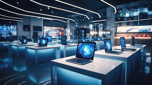 Photo a modern tech store with sleek devices on display generative ai