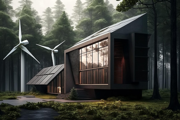 Modern technological hightech house with solar panels on roof and wind turbines in nature Generative AI