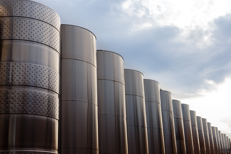 Photo modern technological industrial equipment of wine factory.