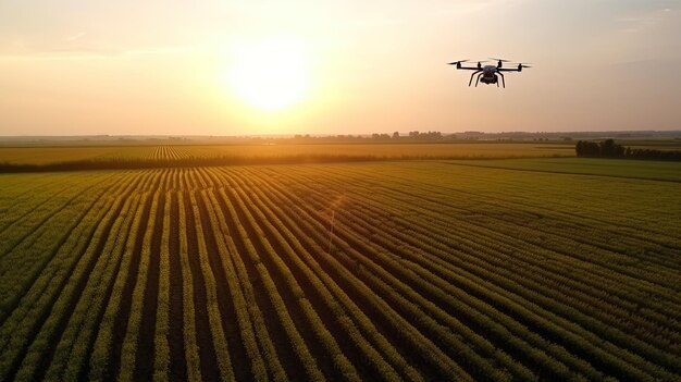 Foto tecnologie moderne in agricoltura il drone industriale sorvola un campo verde e spruzza