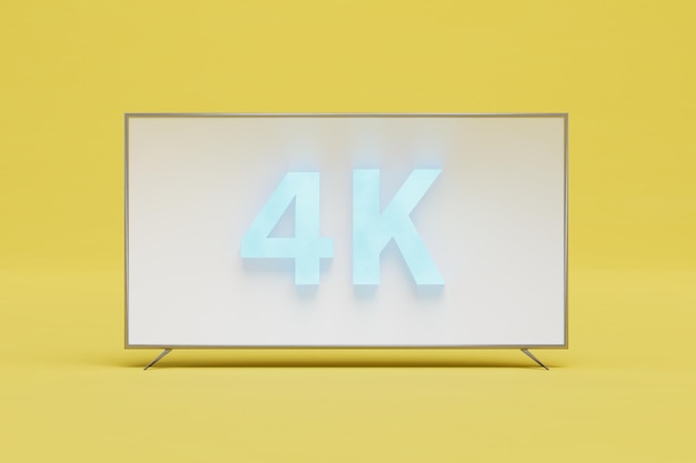 Tecnologie moderne smart tv sullo schermo che dice 4k evidenziato dal rendering 3d di luce al neon