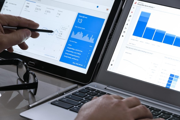 Photo modern technology concept web traffic analytics in the office on the touch screen of the notebook