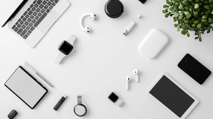 Photo modern technology flat lay with white background
