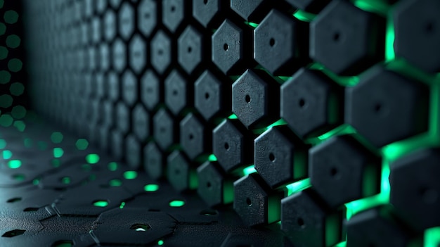 Photo a modern technology innovation concept background with steel mesh abstract shapes in black and green a free space for design background with dark steel mesh abstract shapes with black and green