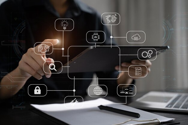 仮想画面 API アイコンを備えたラップトップ タブレットとスマートフォンを使用する現代のテクノロジーとネットワーキングのコンセプト女性 ソフトウェア開発ツール API アプリケーション プログラミング インターフェイス
