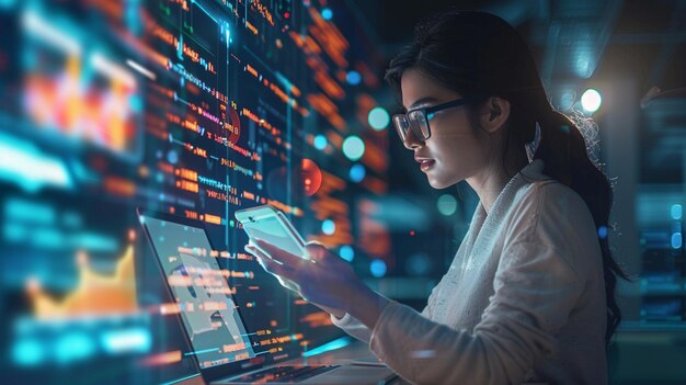 modern technology and networking conceptwoman using laptoptablet and smartphone with virtual screen api icon software development tool api application programming interface