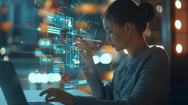 modern technology and networking conceptwoman using laptoptablet and smartphone with virtual screen api icon software development tool api application programming interface