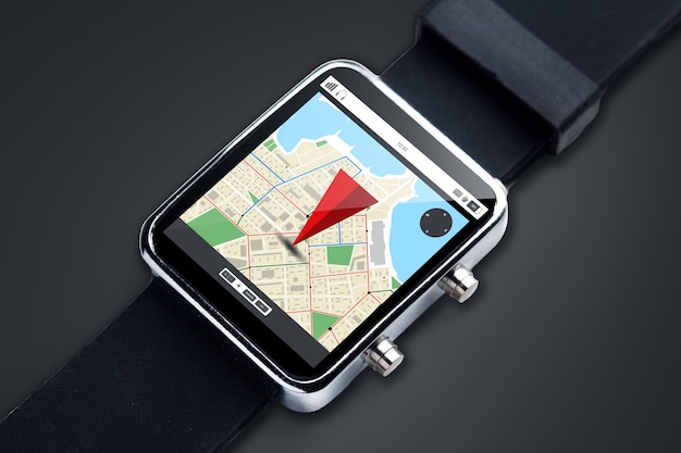 modern technology, object, navigation and media concept - close up of black smart watch with gps navigator map on screen