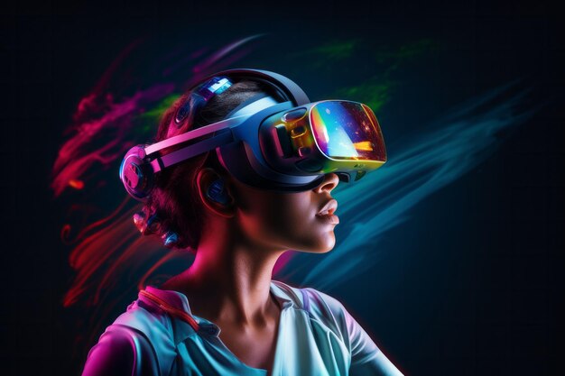 Premium AI Image  A futuristic PC gamer busy in a virtual reality world  surrounded by neon lights advanced technology