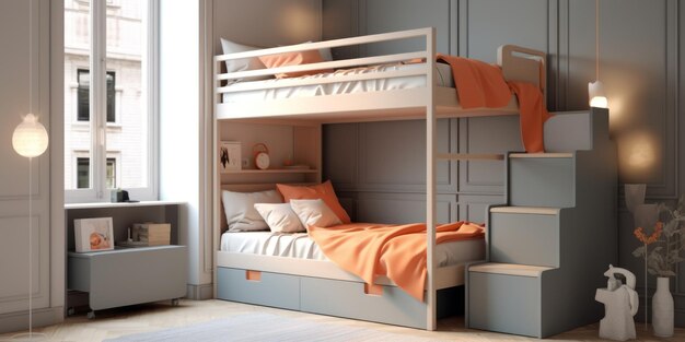 Фото Современная подростковая спальня с индивидуальной кроватью с двухэтажной кроватью уютная и эффективная