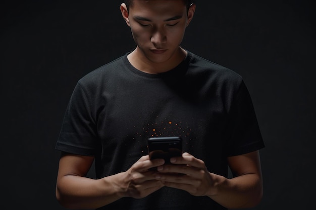 Современный подросток в черной футболке погружен в социальные сети
