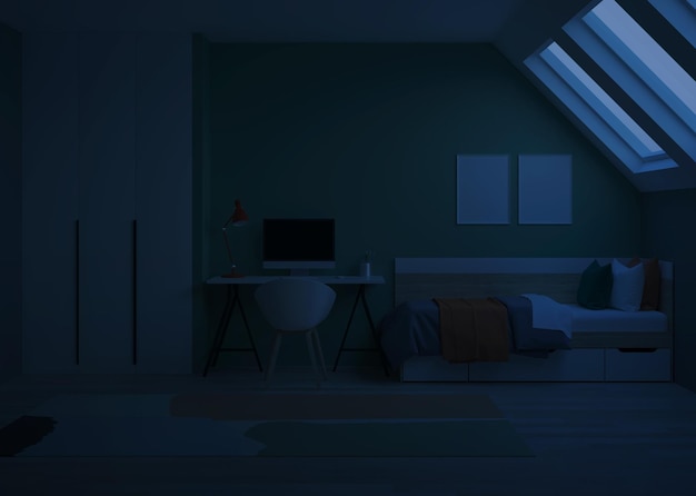 Foto interno moderno della stanza dell'adolescente con il posto di lavoro e il letto notte illuminazione serale rendering 3d