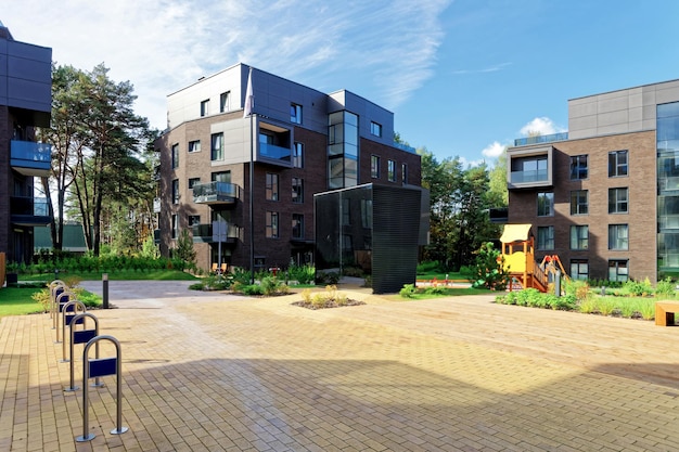 Modern terraced complex of apartment residential buildings. And outdoor facilities.