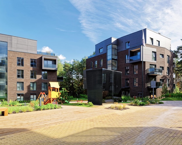 Modern terraced complex of apartment residential buildings. And outdoor facilities.