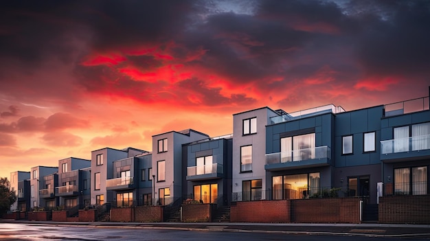 Modern terraced houses during sunset